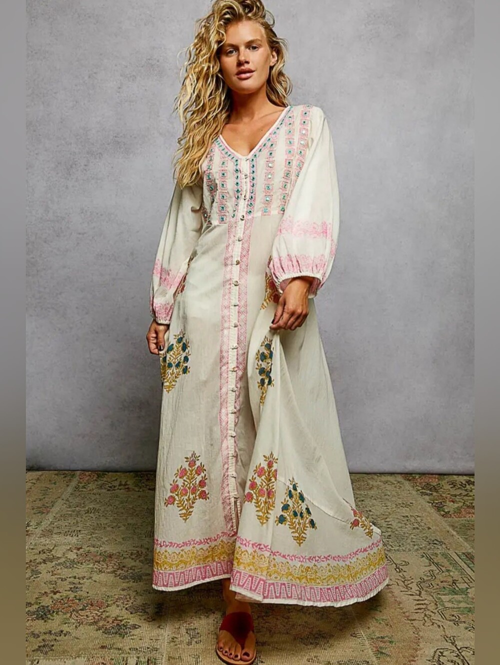 POL Embroidered Ivory Maxi Dress with Pink Accents